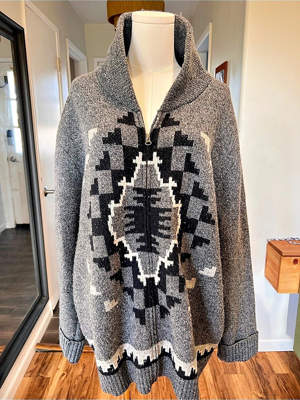 Pendleton Full Zip Shawl Collar Geometric Cardigan Sweater Gray & Black XL